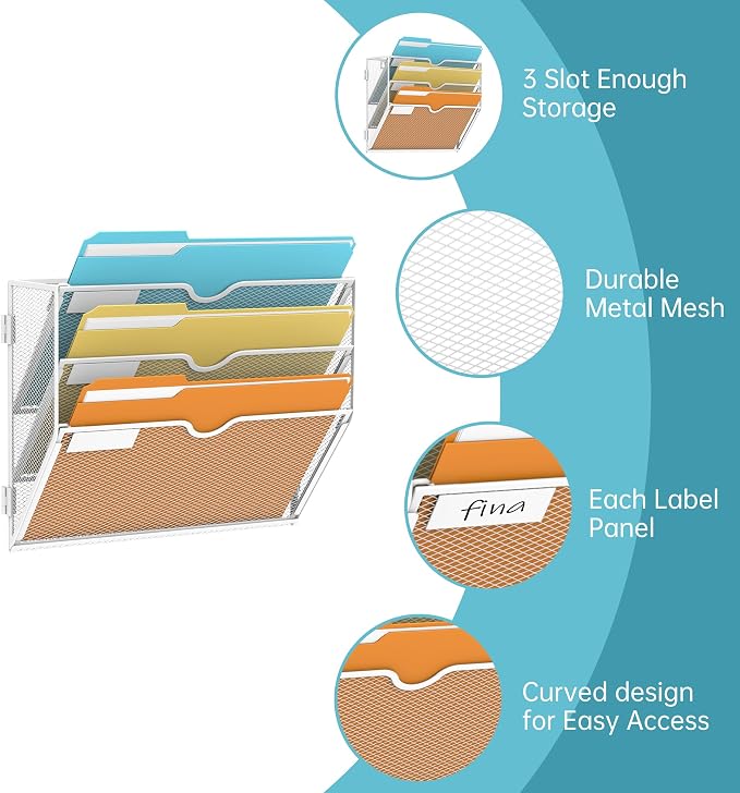 SUPEASY 3-Tier Wall File Organizer, Hanging Wall Mounted Mail Organizer with Label Slots, Metal Mesh File Holder Magazine Rack for Office, Home, School or Classroom, White