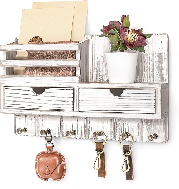 Rebee Vision Key Holder Wall Mount with 2 Drawers for Apartment, Whitewash | Key and Mail Holder for Wall, 6 Key Hooks, Shelf, Plant Display, Drawer Organizer, Mail Sorter, Home Storage Essentials
