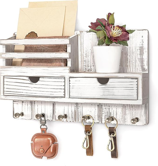 Rebee Vision Key Holder Wall Mount with 2 Drawers for Apartment, Whitewash | Key and Mail Holder for Wall, 6 Key Hooks, Shelf, Plant Display, Drawer Organizer, Mail Sorter, Home Storage Essentials