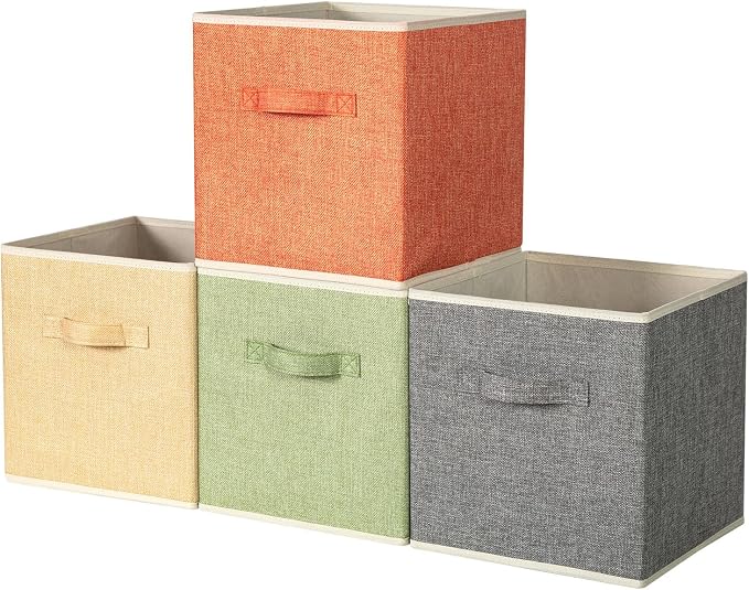 Storage Cube Organizer Bin 10.5" x 10.5" x 11" Large Boxes Fabric Basket with Handles for Organizing Shelves Closet Clothes 4 Color Set A