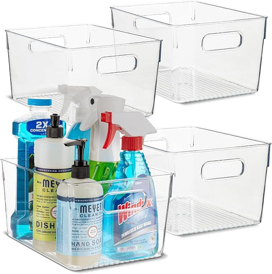 Plastic Food Storage 4 Pack Clear Container Bin with Handles for Organizing Kitchen, Pantry, Refrigerator, Freezer, Pantry, Cabinet, Closet, Bathroom. 10”x7.5”x5.3”