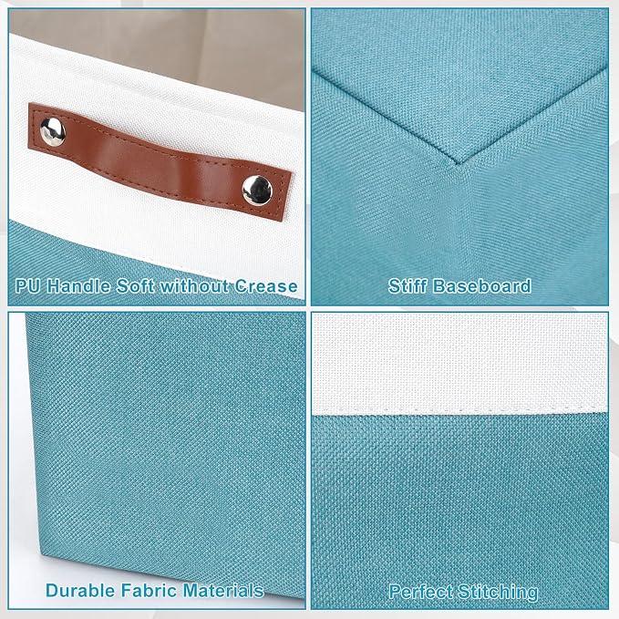 Bagnizer Storage Bins Large Fabric Storage Baskets for Shelves 3 Pack, Decorative Linen Closet Baskets with Handles for Organizing, Shelf, Clothes, Home, Office, 15x11x9.5Inches (Teal&White)