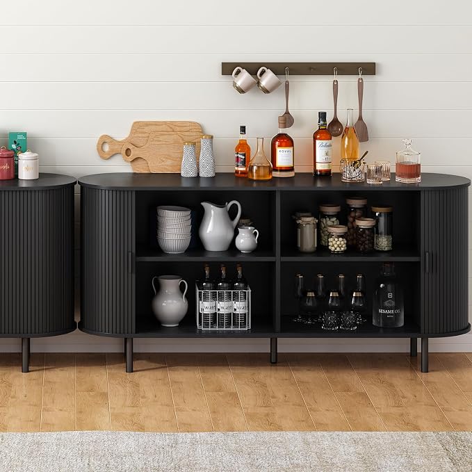 63" Sideboard Buffet Cabinet with Storage, Storage Cabinet with Sliding Door & Adjustable Shelf, Modern Accent Coffee Bar Console Table for Kitchen, Entryway, Black