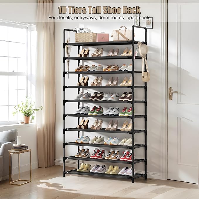 Shoe Rack, 10 Tier Shoe Storage Organizer with Hooks,Fit 40-45 Pairs Shoes,Nonwoven Fabric Tall Shoe Shelf for Closet,Entryway, Hallway,Garage,Bedroom,Cloakroom