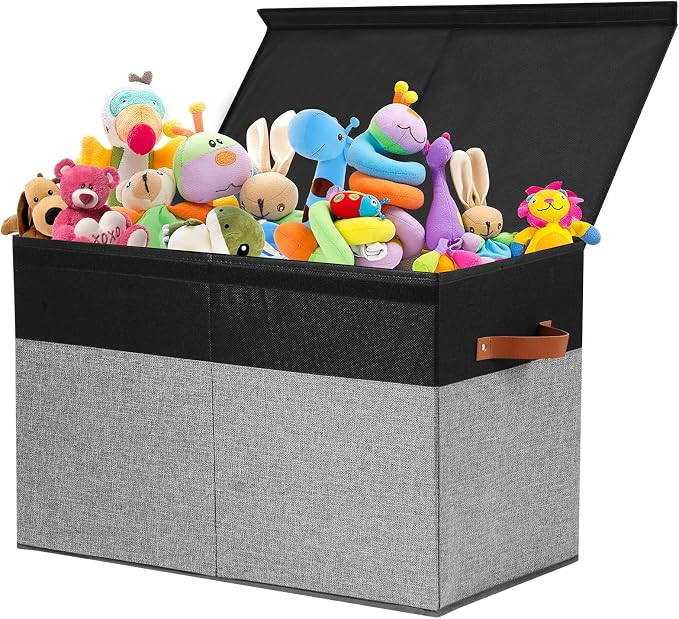 Large Toy Storage Box with Lid, Toy Chest Bin Boxes Basket with Dividers | Sturdy Toy Organizer Bin for Kids, Boys, Girls, Nursery, Living Room, Bedroom, Playroom 25"x13" x16"(Black and Grey)