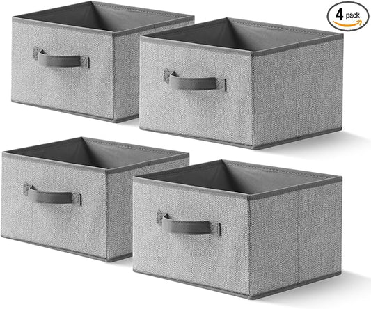 Storage Baskets, 11-Inch Woven Fabric Bins, Storage Cubes with Reinforced Handles, Organizer Bins for Closet Shelves, Foldable, for Toys, Clothes (4PCS/Grey-11*11*7.8inch)