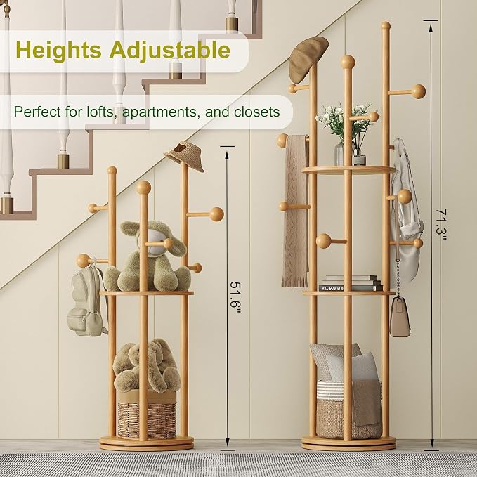 FROMJBEST Coat Rack Freestanding,Coat tree Entryway,Mid-Century,Nature Wood | Freestanding, Solid Wood, 9 Hooks & 3 Shelves, for Entryway, Hallway, Bedroom, Living Room, Office, Holds Bags, Hats, Purses