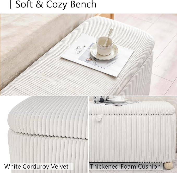 Homebeez 39” Corduroy Storage Ottoman Bench with Hinged Lid & Handle | End of Bed Storage Bench with Wood Ball Legs, for Kids Room, Bedroom, Entryway & Living Room, (White)