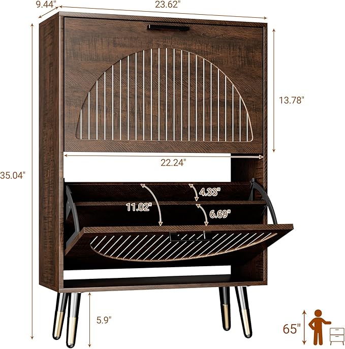 Farmhouse Shoe Cabinet Storage for Entryway, Slim Hidden Shoe Rack Cabinet | 1, 2 Flip Drawers with Dividers 2, Stylish Round Panel 3, Sturdy Metal Leg 4, Anti-Tip Safety Kit 5, Shoe Organizer Cabinet