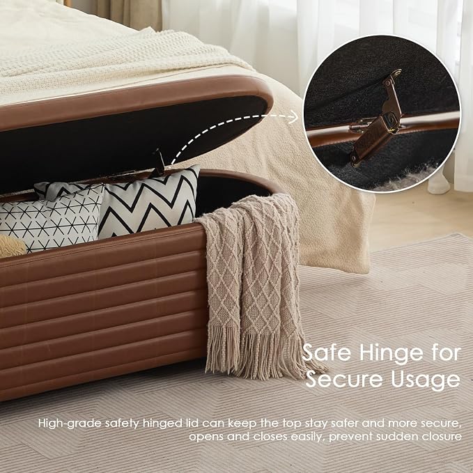53" Storage Bench PU Leather Ottoman Bench Upholstered Bench End of Bed Stool with Safety Hinge for Bedroom, Living Room, Entryway, Brown