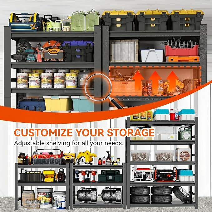 Garage Shelving, Heavy Duty Storage Shelves with Anti-Fall Rails | 3500 LBS metal shelving with Adjustable Industrial Steel Rack for garage, basement, pantry, kitchen and warehouse storage