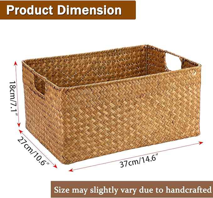 Hipiwe Seagrass Storage Baskets Bin for Shelf Large Handwoven Wicker Basket | Rectangular Bedroom Bathroom Organizer Built-in Handles, Multipurpose Woven Basket Bin Boxes,14.6"x 10.6"x 7.1"