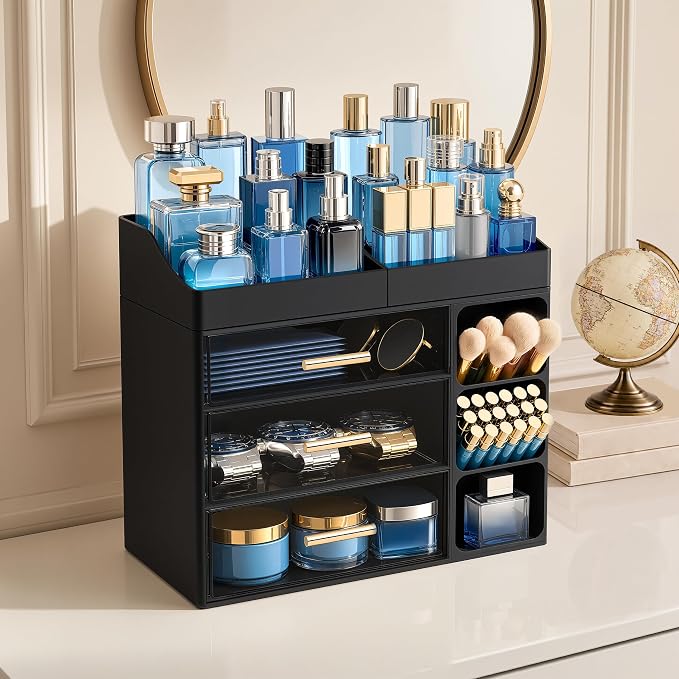 HBlife Cologne Organizer for Men Makeup Organizer Countertop with Brush Holder, Large Bathroom Counter Organizer with Drawers, Plastic Dresser Organizer Storage Fathers Day Gift for Dad Husband, Black