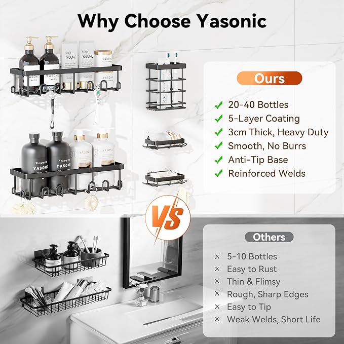 YASONIC Shower Caddy Adhesive, 100% Rustproof Shower Organizer with Soap and Toothbrush Holder, Large Capacity Shower Shelves for Inside Shower, No Drill Shower Storage for Home (5 Pack Black)