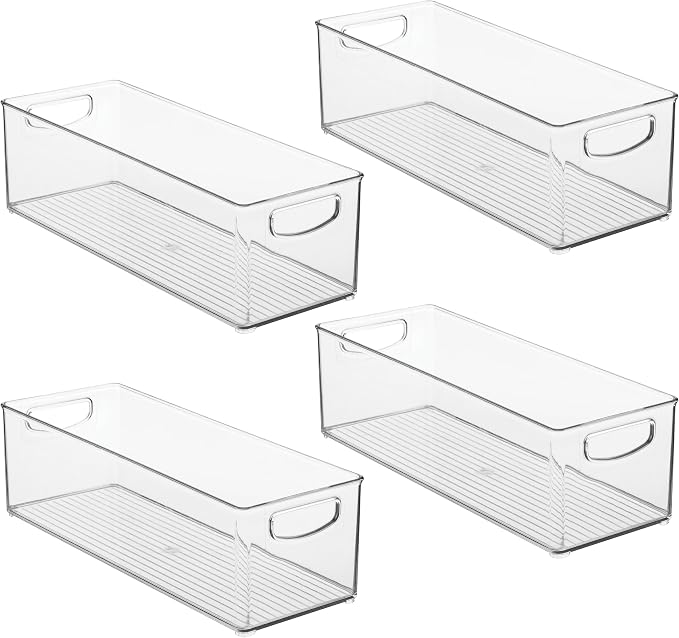 iDesign Plastic Stackable Pantry Bin with Handles, Set of 4, Clear | For Kitchen Cabinets or Fridge, Made in USA