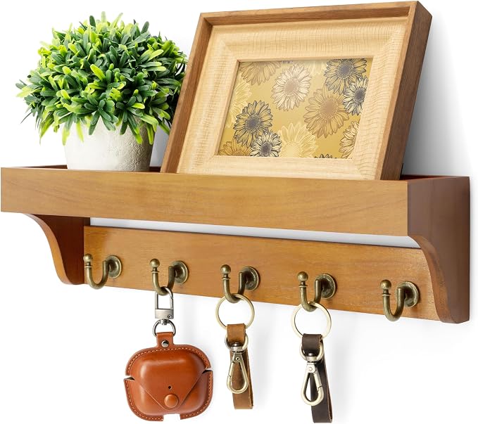Rebee Vision Key Holder Wall Mount with Shelf for Room Decor, Yellow | 5 Key Hooks, Key Holder for Wall, Mail Rack, Apartment Storage, Plant Display, Hallway Decor, Decorative Home Organization