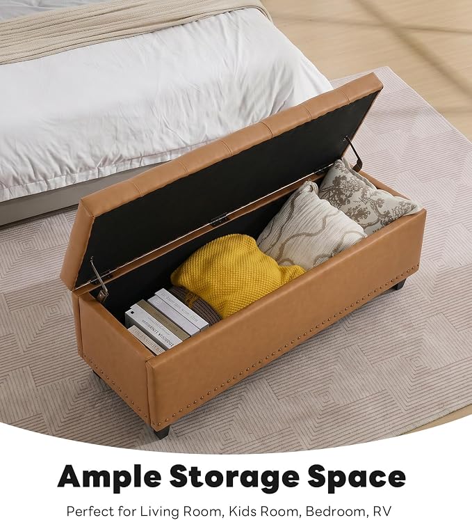 Tbfit 50.8" Large Storage Ottoman Bench with Button-Tufted Top, Blue PU Faux Leather End of Bed Chest with Safety Hinge and Rivets for Bedroom, Living Room (Camel PU)