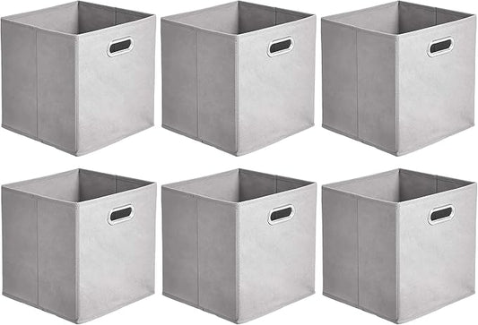 Amazon Basics Collapsible Cube Storage Bins, Space-Saving, Organizing Fabric Bins with Handles, 10.5 x 10.5 x 11 inches, Light Grey, 6-Pack