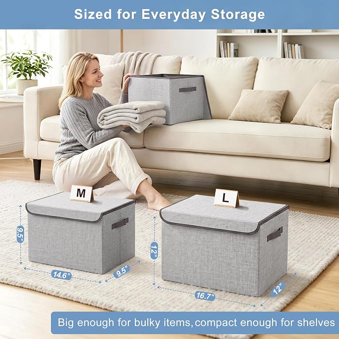 Bagnizer Linen Fabric Foldable Storage Cube Bin Organizer Basket with Flip-Top Lid & Handles, Large Clothes Blanket Box for Home, Office, Closet, Light Gray, 4 Pack 14.6 x 9.5 x 9.5”
