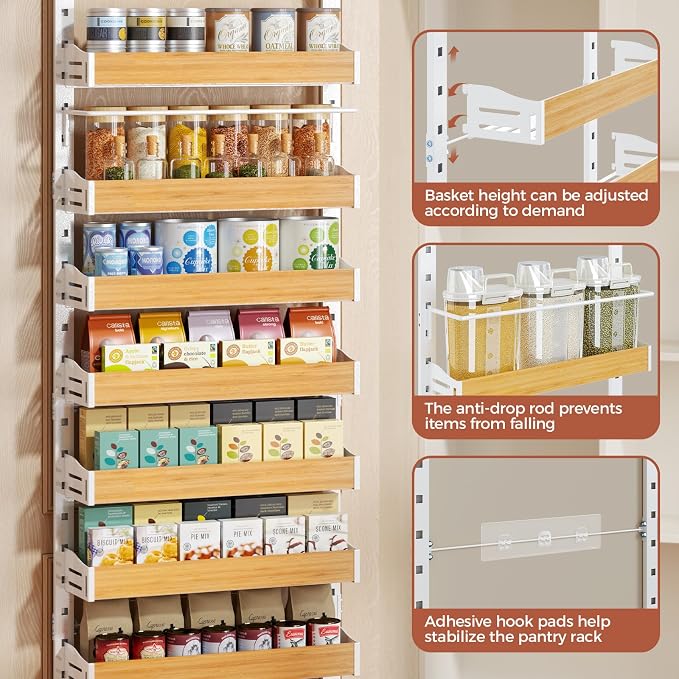 8-Tier Pantry Door Organizer, Over the Door Pantry Organizer with Wooden Adjustable Baskets, 2 IN 1 Spice Rack Wall Mount or Door Organizer, Door Spice Rack for Pantry（72.6×17.1×5.1in,White)
