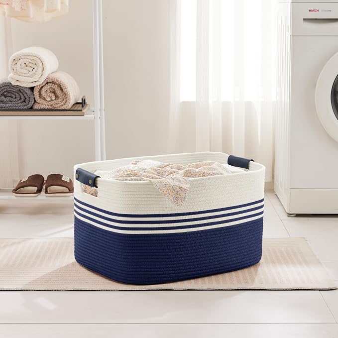 72L Large Woven Laundry Basket Hamper with Leather Handles,Navy | collapsible wicker hamper, storage for dirty clothes, toys, blankets, gifts, living room, bedroom, bathroom, 22"x17"x12"