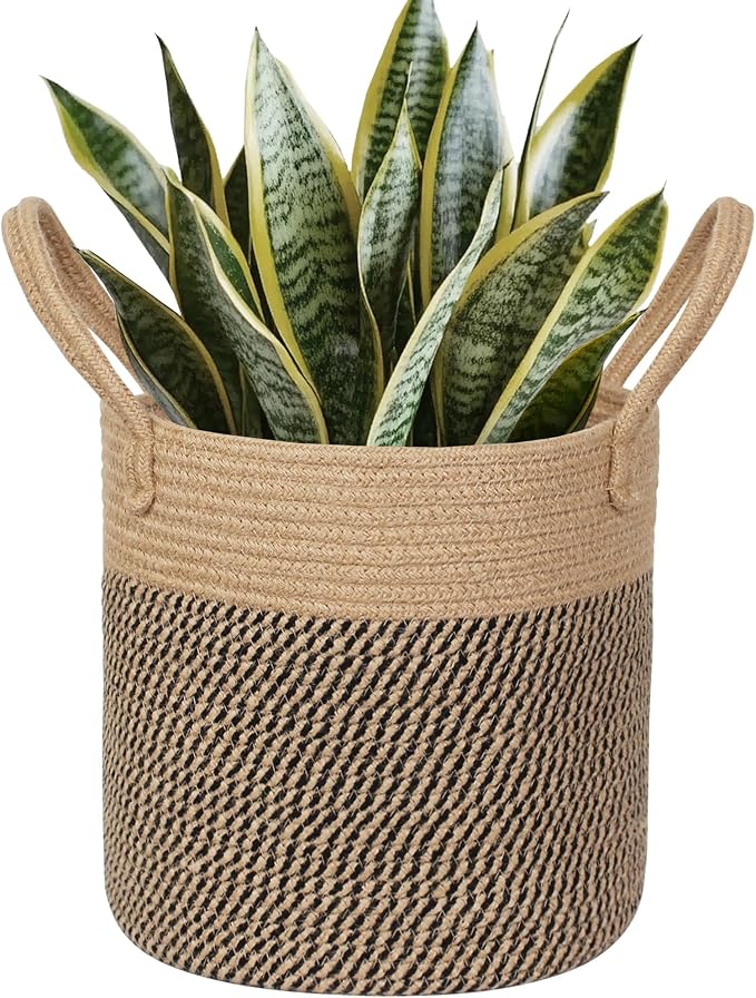 Round Wicker Basket with Handle, 12.5" Woven Jute Plant Basket for 11" Pot, Indoor Boho Artificial Tree Planter, Decorative Flower Pot Cover, Rustic Holder for Plants, Shoe Towel Bin, Black Stripes