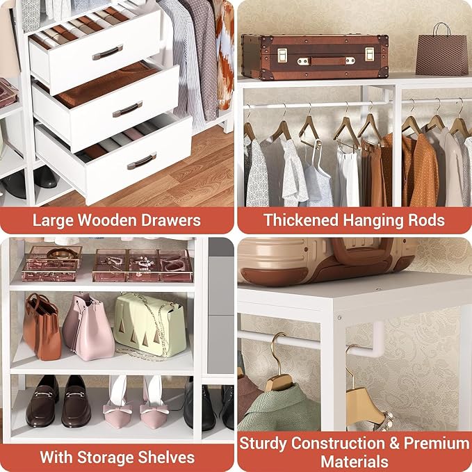 Freestanding Closet Organizer System with 3 Drawers, 6FT Heavy Duty Clothing Rack with Shelves and 6 Hanging Rods, Large Corner L Shaped Garment Rack, White