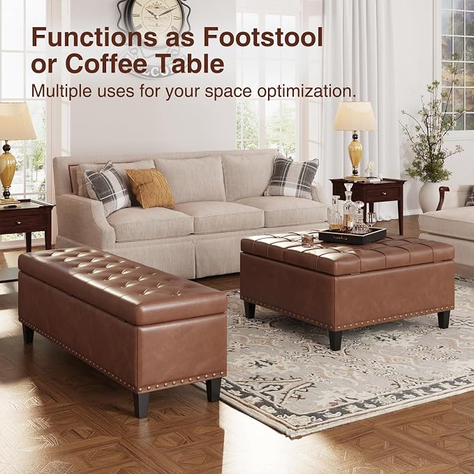 FiveWillowise 51 Inch Storage Ottoman Bench,Large End of Bed Storage Bench | Faux Leather Ottoman with Storage,30 Gallons,Upholstered,with Nailhead Trim,Legs,for Bedroom,Living Room,Entryway,Brown