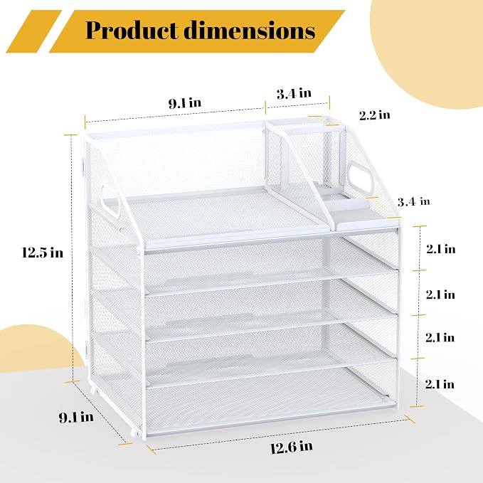 5 Tier Mesh Desk Organizer with Pen Holder and Handle Letter Tray | Metal desktop document shelf and paper sorter. Premium mesh workspace storage for office, home, and classroom