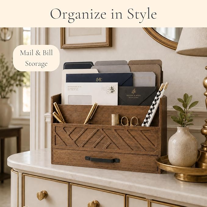 BLU MONACO | Wooden Mail Organizer with Drawer and Compartments | Mail Sorter Organizer Countertop for Desk Entryway | Outgoing Mail Holder Wood Desktop File Storage