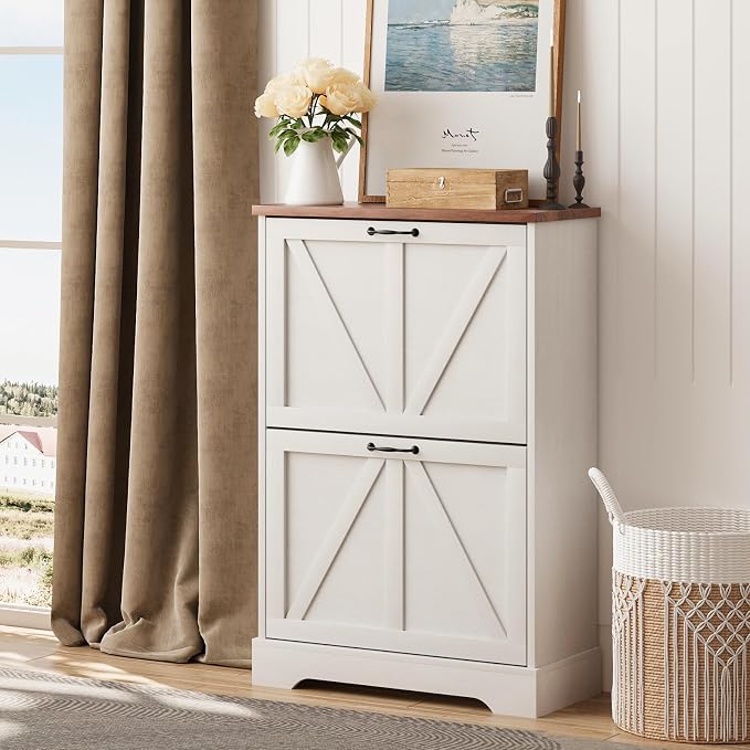 Smart FENDEE Shoe Cabinet, Shoe Storage Cabinet for Entryway with 2 Flip Drawers, Narrow Farmhouse Shoe Organizer Cabinet, Slim Shoe Rack Cabinet, White