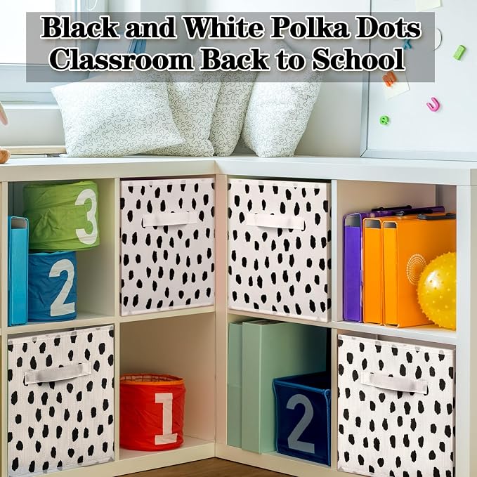 6 Pcs 11 Inch Fabric Storage Cube Bin Foldable Woven Storage Cubes for Classroom Basket Bin Classroom Organizer with Handle Decor for Organizing Clothes, Toys, Books, Shelves(Polka Dots)