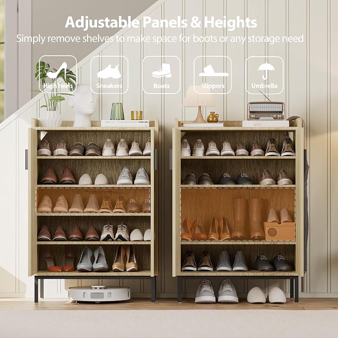 Shoe Cabinet with Metal Legs, Farmhouse Large 5-Tier Shoe Storage Cabinet with Doors, Wooden Shoe Organizer for Entryway, Hallway (2 Door Shoe Cabinet, Oak-Modern)