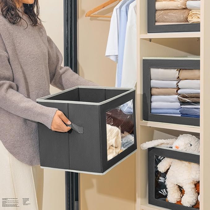 Homsorout Stackable Storage Bins with Lids - Large Storage Box with Lids, Foldable Closet Boxes for Organizing, Wardrobe Clothes Organizer with Window, Cubes Bins for Living Room, 4 Pack, Dark Grey