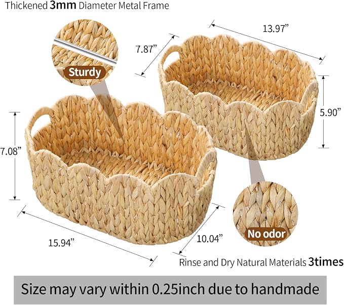 Coeusy Scalloped Basket Set of 2,Water Hyacinth Basket for Organizing and Decor,Hand-Woven Wicker Storage Baskets with Built-In Handles for Nursery,Gift