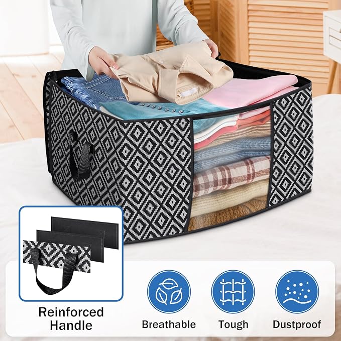 100L 6 Pack Storage Bags, Foldable Clothes Bins with Clear Window, Black