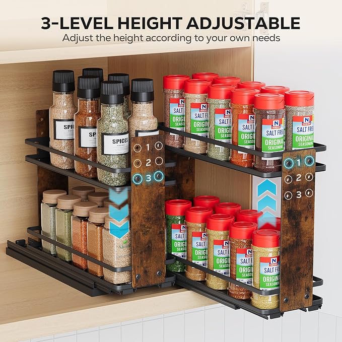 Nieifi Pull Out Spice Rack Organizer, 2 Tiers, Wood Grain | Spice Organization for Cabinet, Height Adjustable, Easy to Install