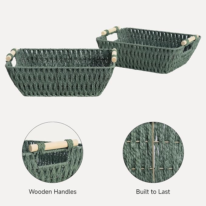 StorageWorks Large Wicker Storage Basket for Organizing with Wooden Handles, Toilet Paper Baskets, Bosana Green, 2-Pack
