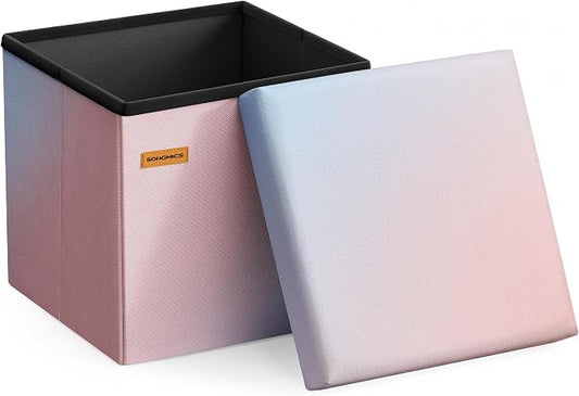 SONGMICS Folding Storage Ottoman Bench, Linen Fabric, Storage Chest, Foot Rest Stool, Holds up to 286.6 lb, 11.8 x 11.8 x 11.8 in, Bedroom Bench, Pink-Blue Ombre, Minota Collection ULSF028X101