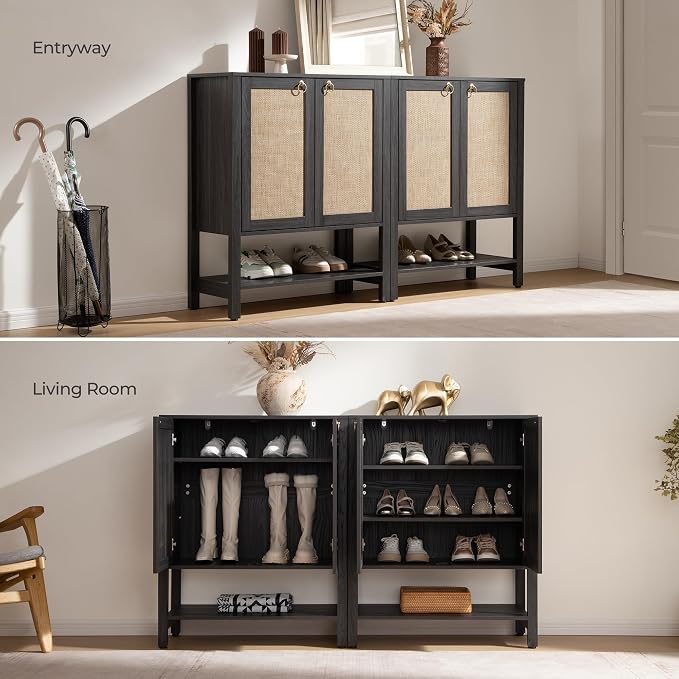 SICOTAS Rattan Shoe Cabinet with Storage, 5 Tier, 3 Pieces | Farmhouse Shoe Organizer with Doors & Shelves,Free Standing Shoe Rack Cabinet for Entryway, Hallway, Foyer (Obsidian)