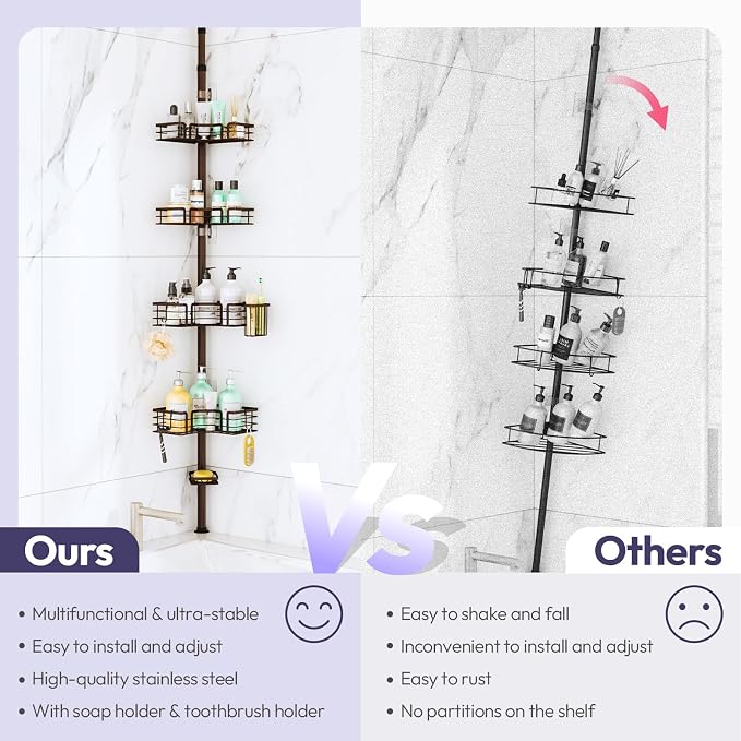SWTYMIKI Shower Caddy Tension Pole - 4-Tier Corner Shower Organizer Tension Rod with Soap Holder, Toothbrush Holder & 4 Hooks, Adjustable Stainless Steel Bathroom Organizer 27.6 to 108.3 inch, Bronze