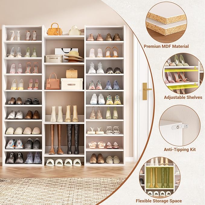 Unikito 14-Tier Wood Shoe Cabinet Storage Organizer with Cubbies, White | Freestanding Shoe Rack Shelf Featuring 22 Open Slots for Entryway, Front Door Entrance, Hallway, Living Room, Bedroom