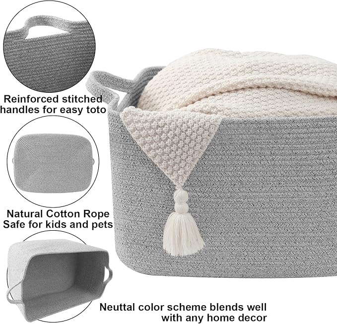 96L XXXLarge Woven Laundry Basket with Sturdy Handles - Grey | Machine washable,Space-Saving Collapsible Design,Cotton rope, blanket basket living room,for toys clothes nursery bathroom