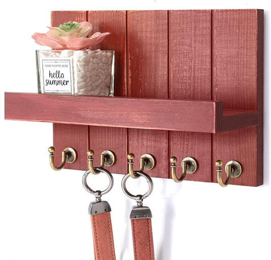 Rebee Vision Key Holder Wall Mount with Floating Shelf for Home Decor, Red | 3.54" x 10" x 7.28", 5 Hooks, Pine Wood, Key Holder for Wall for Room Decor, Apartment Essential, Cozy Farmhouse Decor