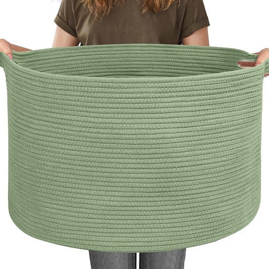 115L Oversized Green Basket, 23.6"x15.7" Woven Cotton Rope Bin for Blankets, Nursery Wicker Laundry Hamper, Kids Toy Storage Bin, Sage Green Living Room Bedroom Decor Baskets for Organizing