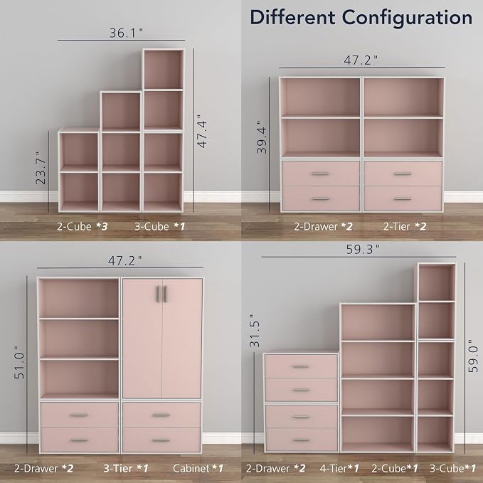 Homes: Inside + Out Apexa 3-Tier Cube Storage Organizer Shelves, Stackable Wood Bookcase Fits Cubby Bins for Organization, Dorm Teen Room Decor & Home Office, Light Pink