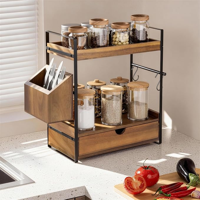 2-Tier Bathroom Counter Organizer, Acacia Wood Vanity Shelf with Drawer | Pre-Drilled Holes, Skincare & Makeup Countertop Organizer and storage, Acacia Dark Brown