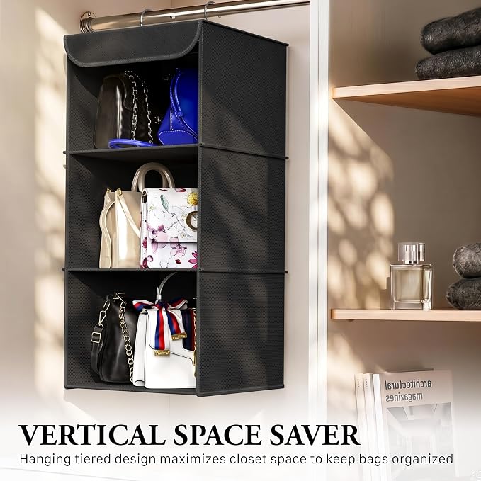 Simple Houseware 3 Shelf Hanging Closet Organizer, Black | 360° Rotating Dual Hooks, Top Support Metal Frame