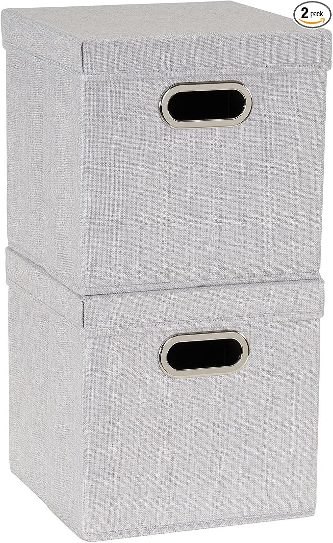 Household Essentials 804-1 Café Cube Bin Storage Set with Lids and Handles | 2 Pack | Silver Linen