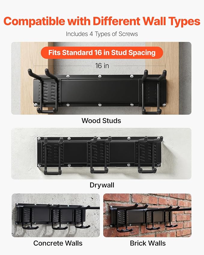 VEVOR Garage Tool Organizer 33 Inch 400 lbs Wall Mount Garden Tool Rack, Heavy Duty Garage Hanging Storage Rack Organization with 2 Rails and 5 Adjustable Hooks, for Yard Tools, Shovel, Rake, Shed